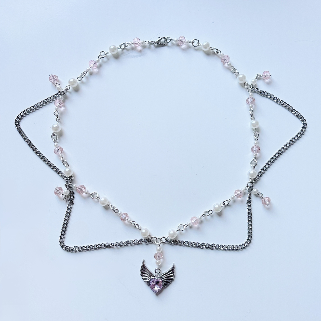 Pink Hear with Fairy Wings and Pearls (Silver)